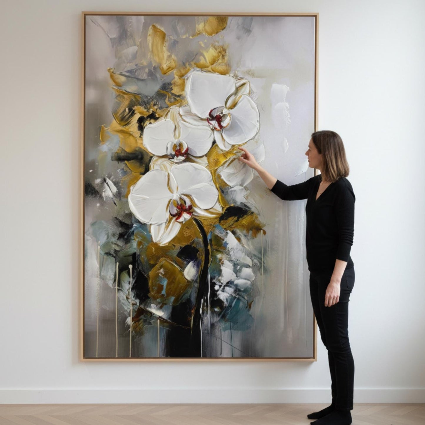 Hand-Painted White Orchid Canvas Art, Gold Accent Floral Painting