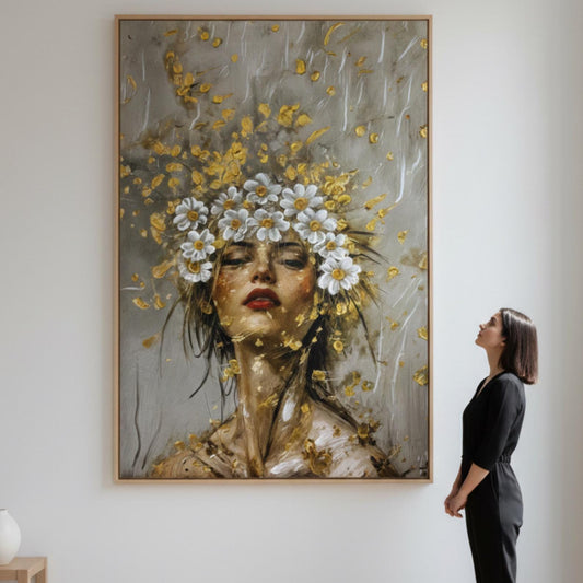 Textured Floral Woman Portrait Painting, Gold Impasto Canvas Art
