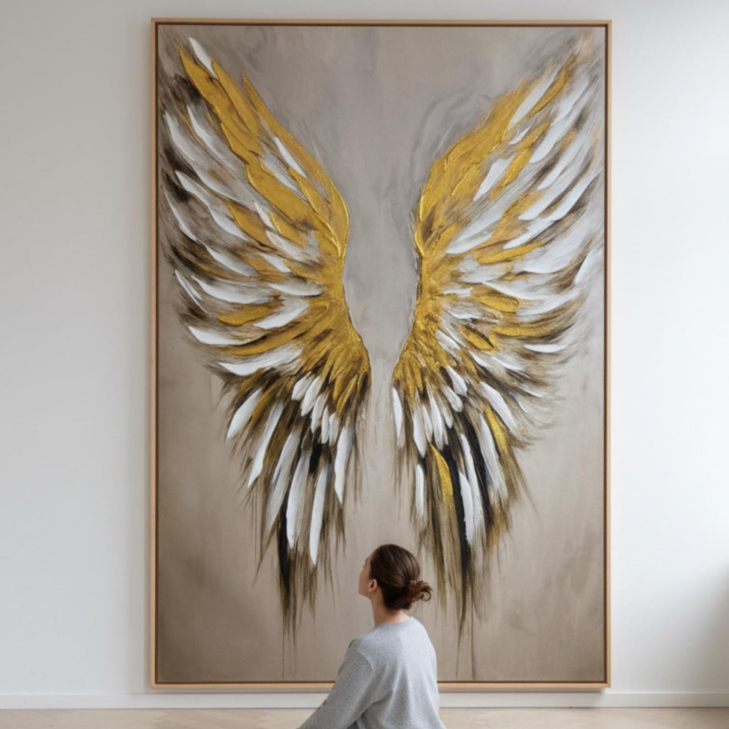 Textured Gold Angel Wings Painting, Impasto Neutral Wall Art, Modern Canvas Home Decor