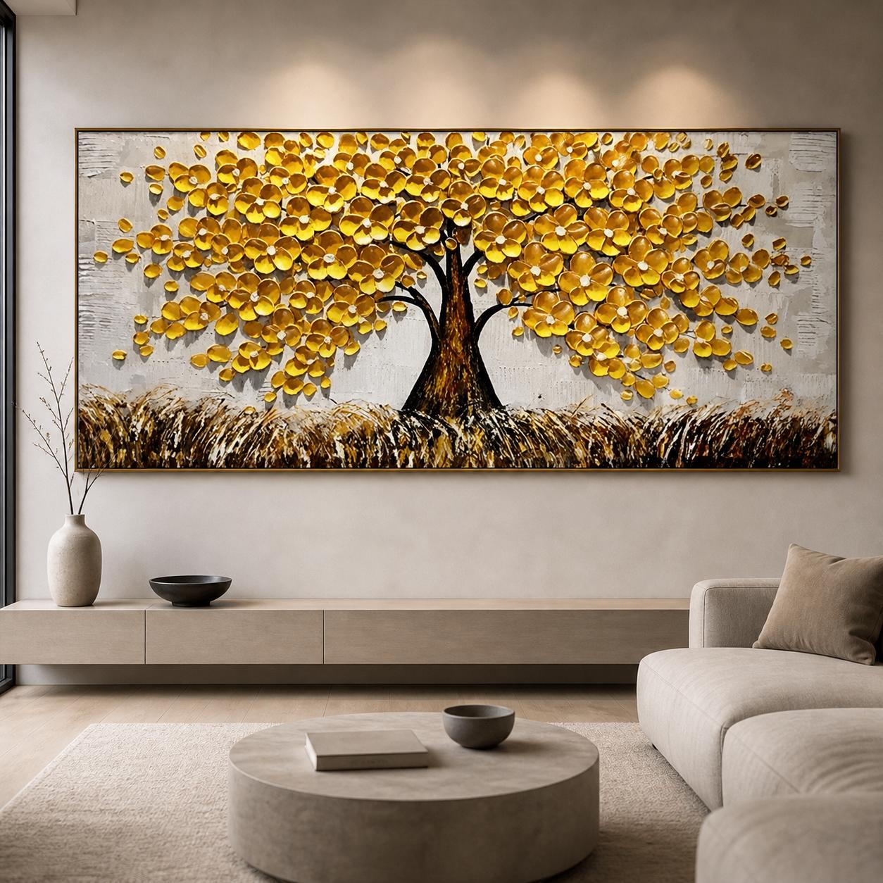 Textured Golden Tree of Life Painting, Rustic Nature Canvas Artwork