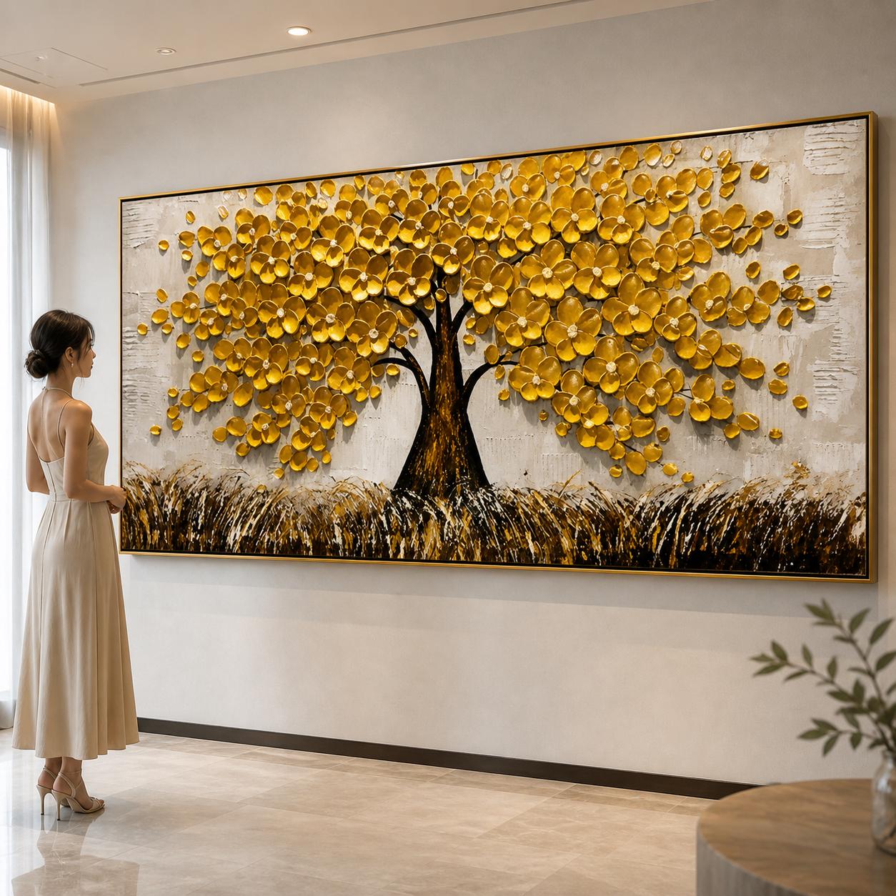 Textured Golden Tree of Life Painting, Rustic Nature Canvas Artwork