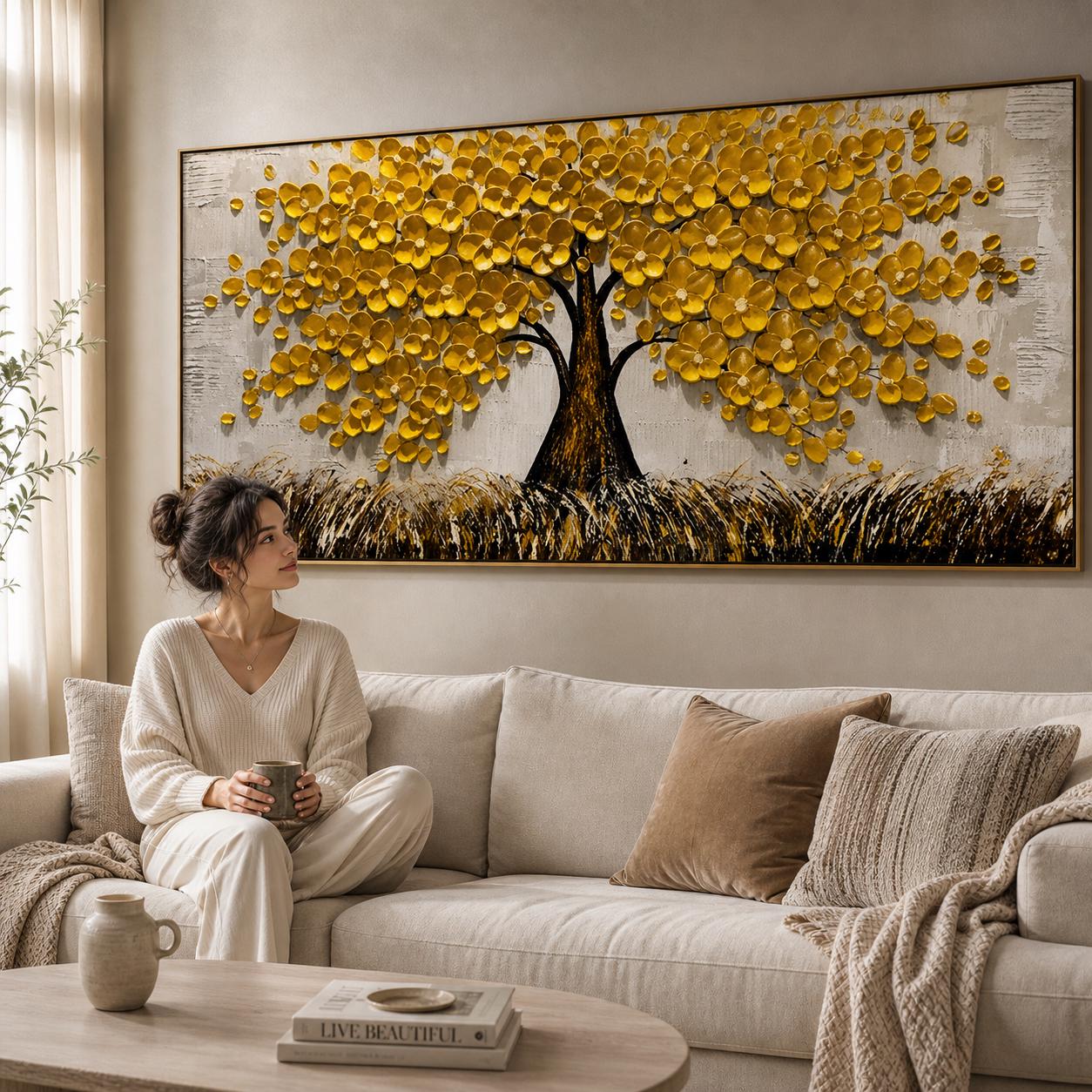 Textured Golden Tree of Life Painting, Rustic Nature Canvas Artwork