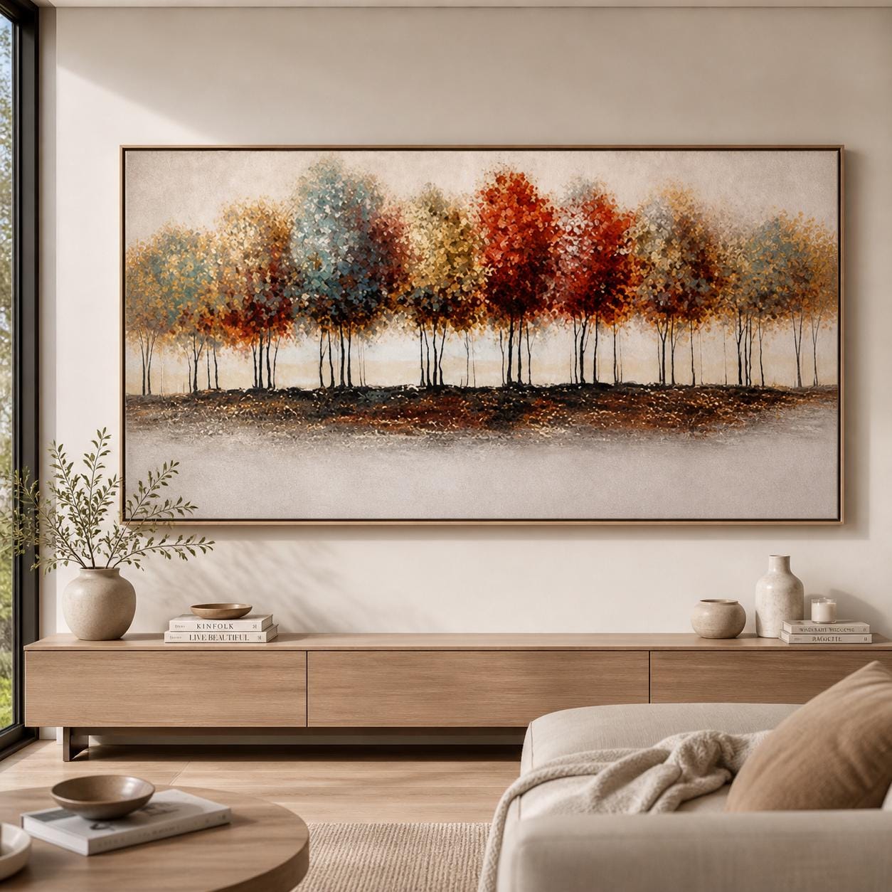 Minimalist Tree Landscape Painting, Panoramic Forest Wall Art, Neutral Modern Canvas, Above Bed Decor