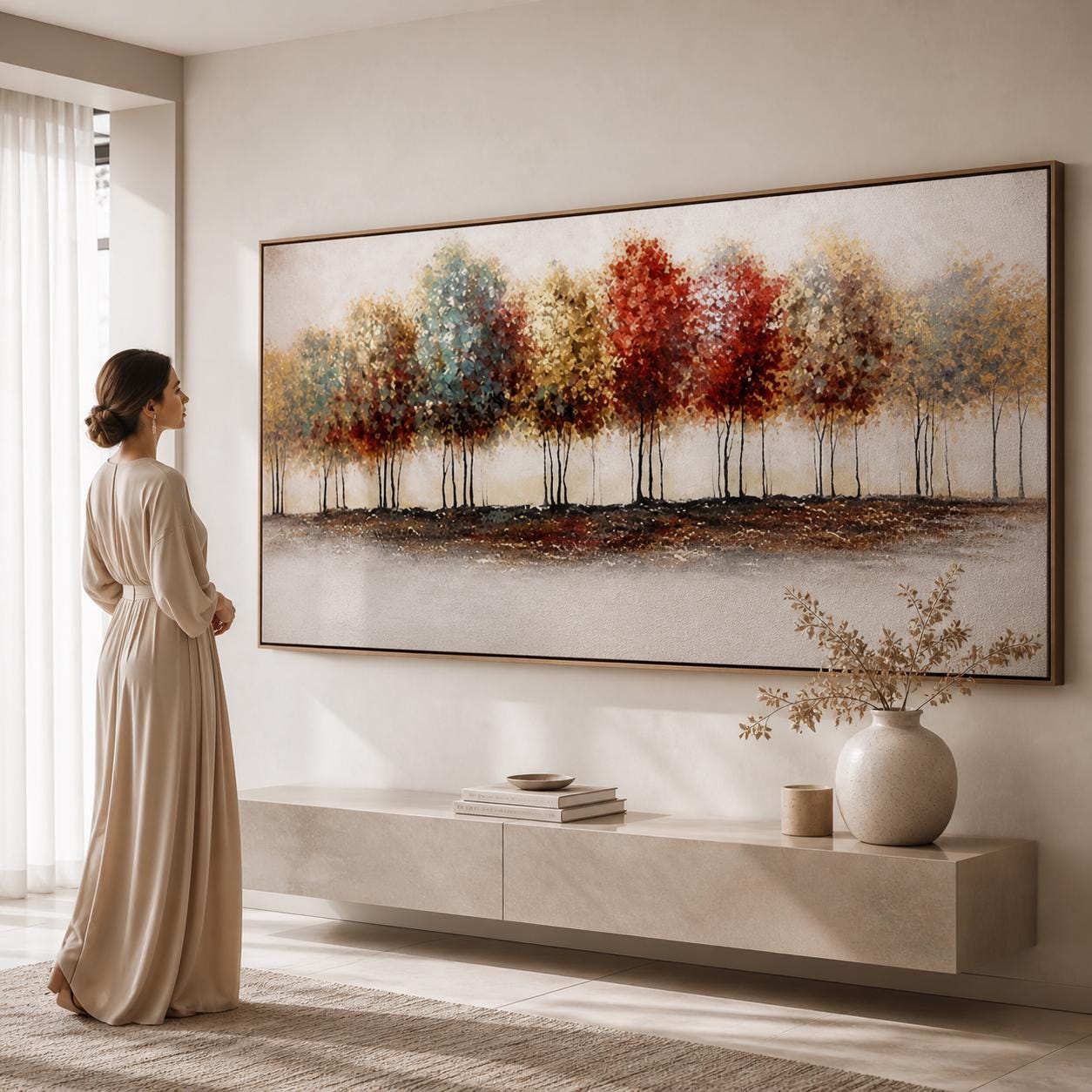Minimalist Tree Landscape Painting, Panoramic Forest Wall Art, Neutral Modern Canvas, Above Bed Decor