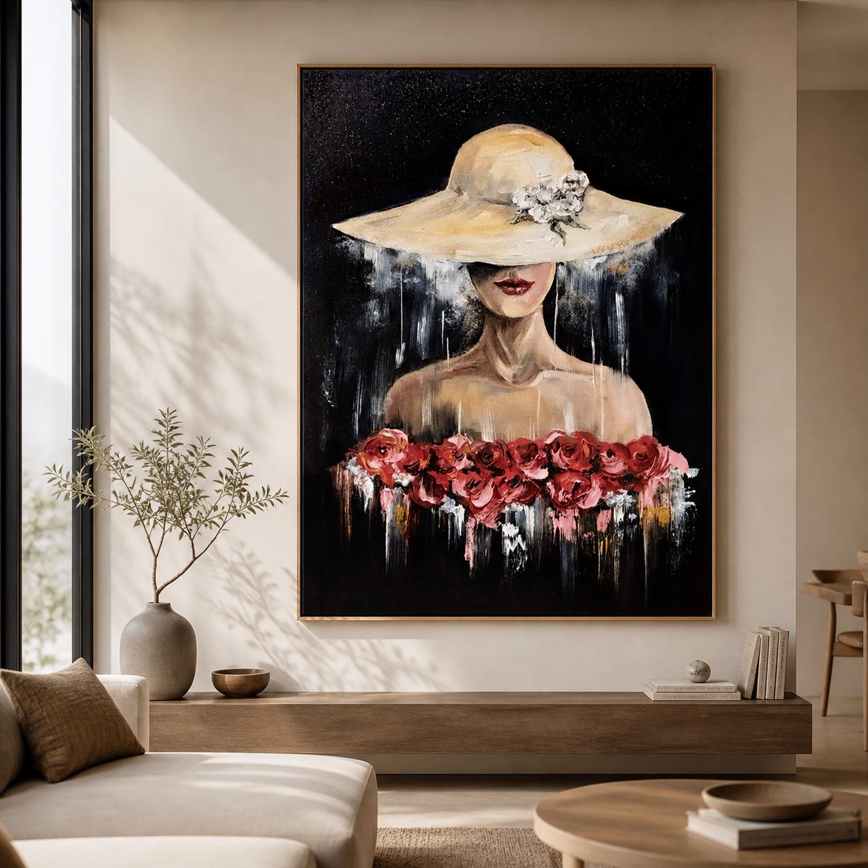 Elegant Woman Portrait Painting, Fashion Hat Floral Art, Textured Canvas Statement Piece