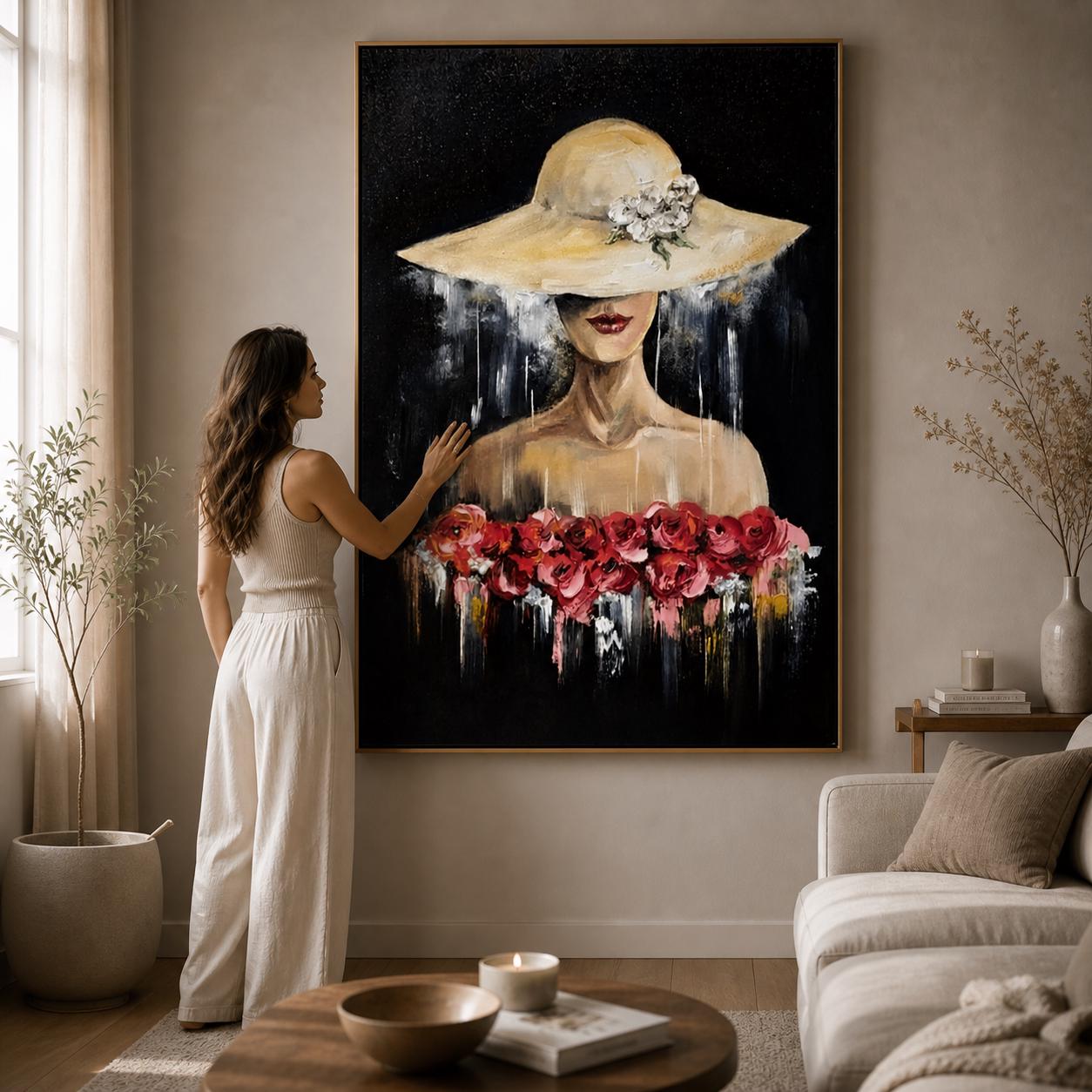 Elegant Woman Portrait Painting, Fashion Hat Floral Art, Textured Canvas Statement Piece