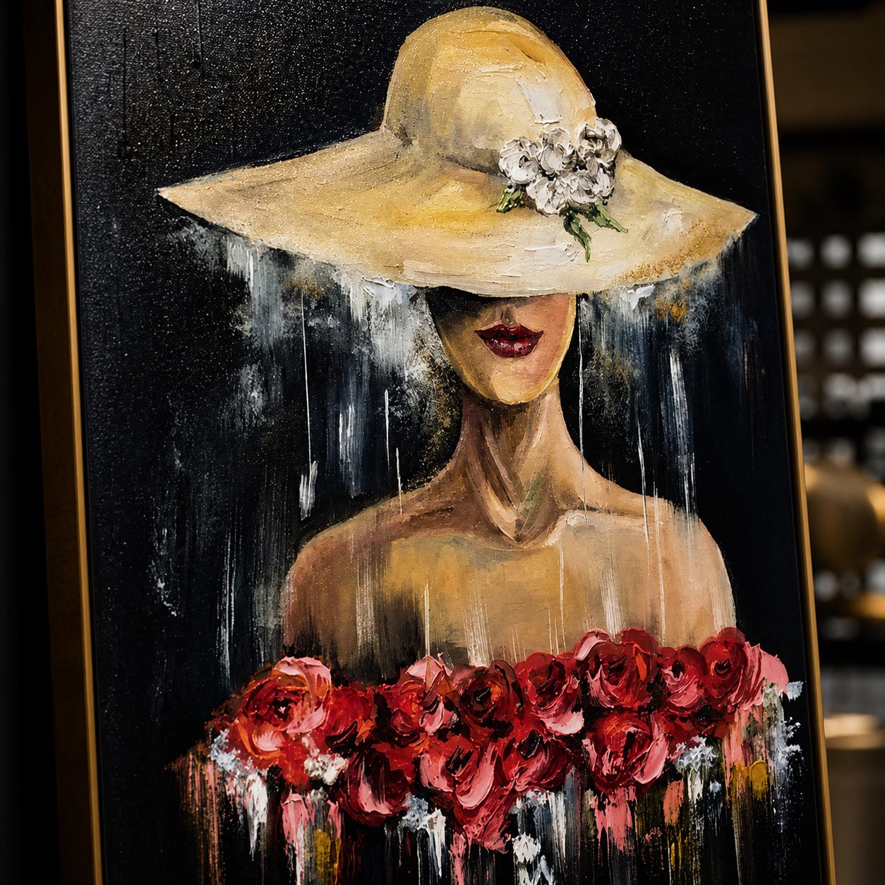 Elegant Woman Portrait Painting, Fashion Hat Floral Art, Textured Canvas Statement Piece
