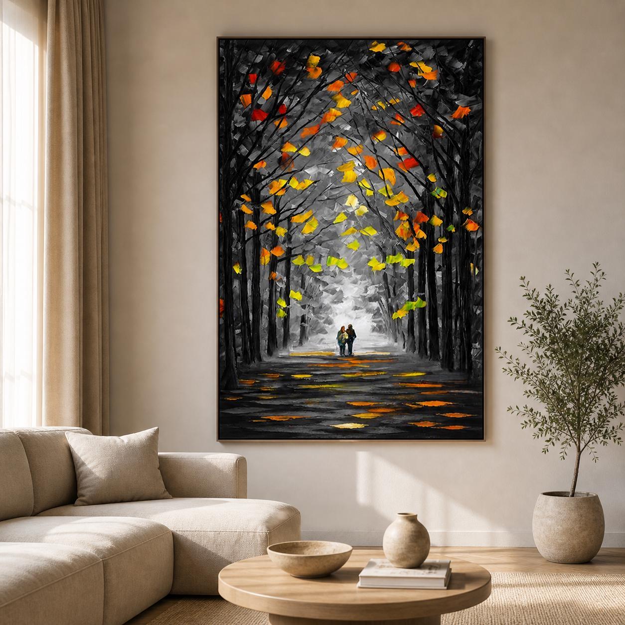 Textured Forest Couple Painting, Moody Autumn Landscape Canvas Artwork