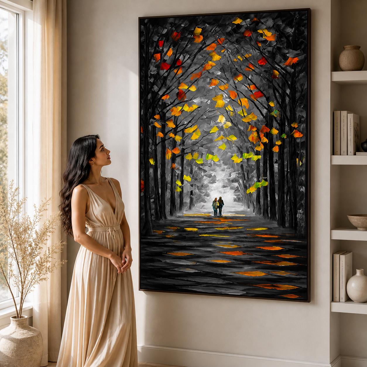 Textured Forest Couple Painting, Moody Autumn Landscape Canvas Artwork