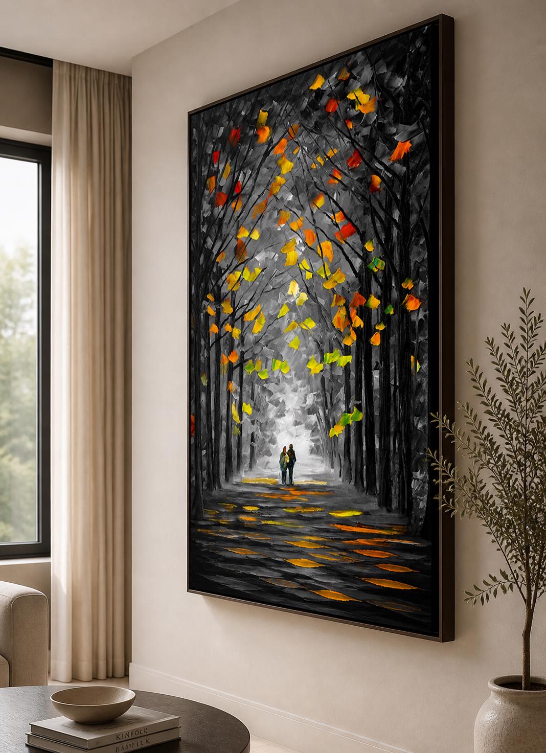 Textured Forest Couple Painting, Moody Autumn Landscape Canvas Artwork