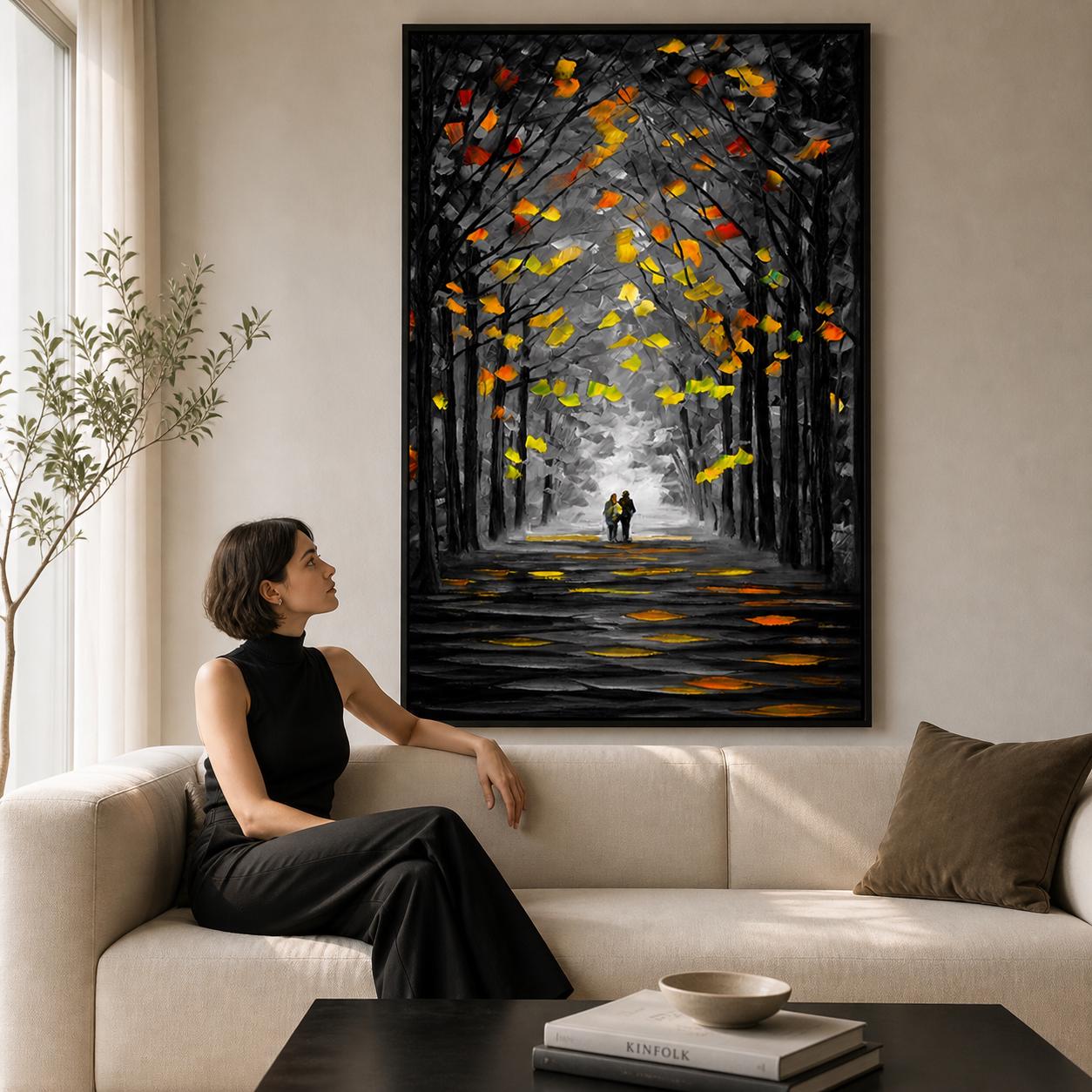 Textured Forest Couple Painting, Moody Autumn Landscape Canvas Artwork