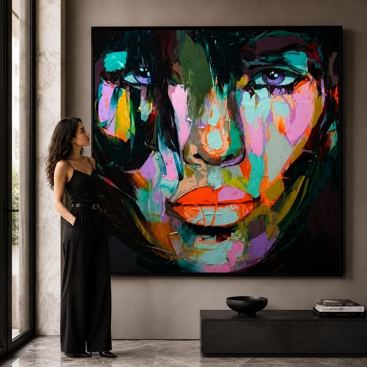 Colorful Abstract Face Painting, Modern Contemporary Portrait Canvas Artwork