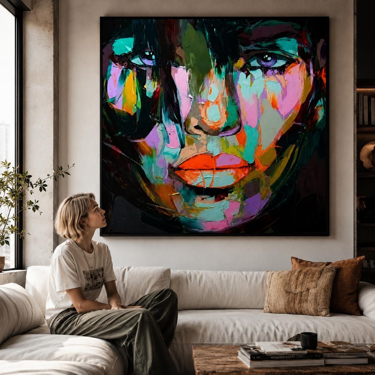 Colorful Abstract Face Painting, Modern Contemporary Portrait Canvas Artwork