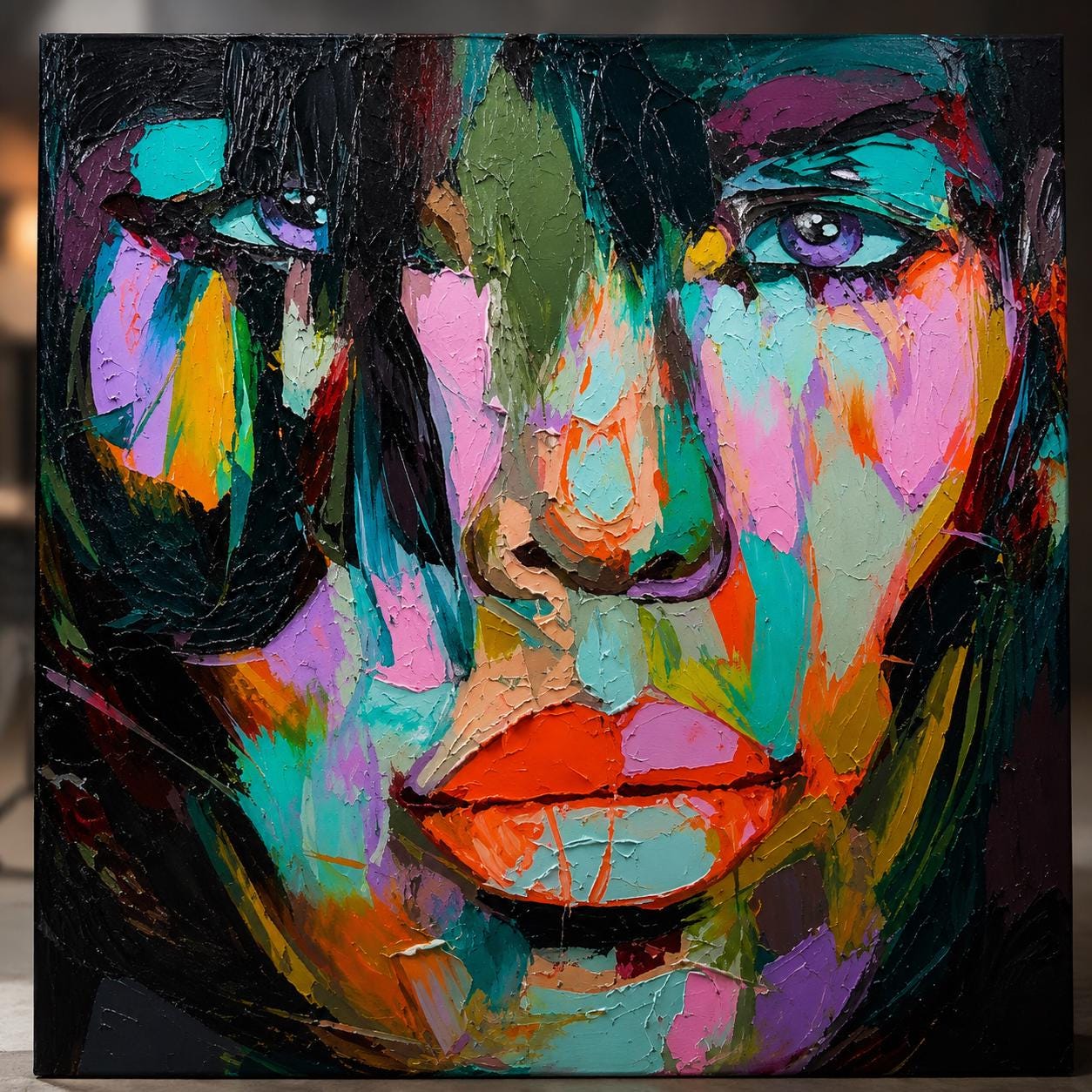 Colorful Abstract Face Painting, Modern Contemporary Portrait Canvas Artwork