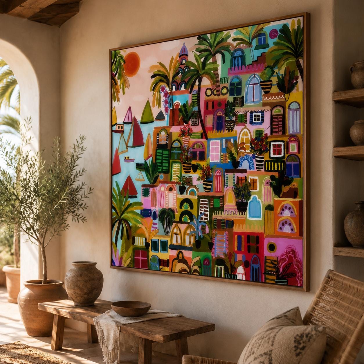 Colorful Mediterranean Town Painting, Boho Coastal Wall Art, Vibrant City Canvas Home Decor