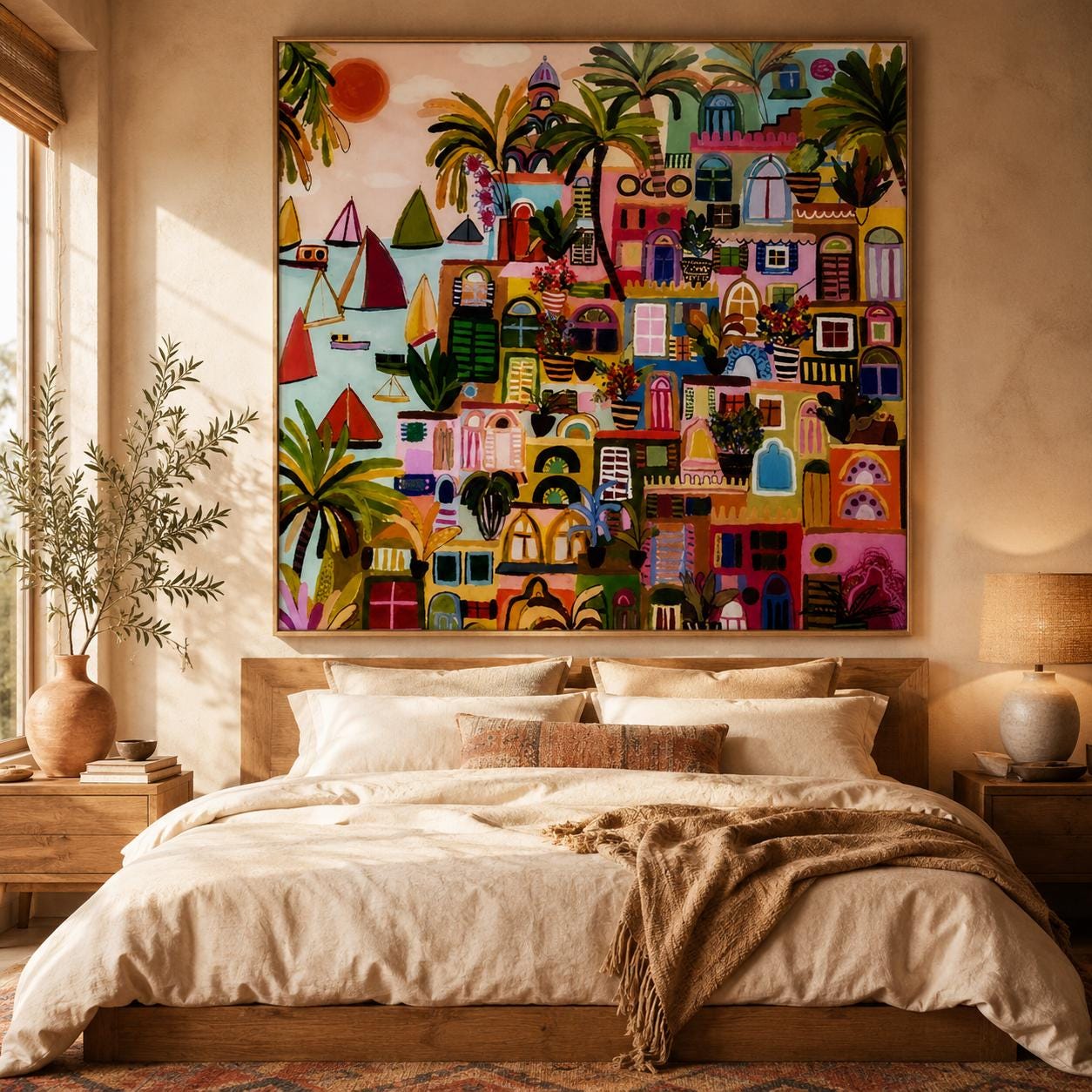 Colorful Mediterranean Town Painting, Boho Coastal Wall Art, Vibrant City Canvas Home Decor