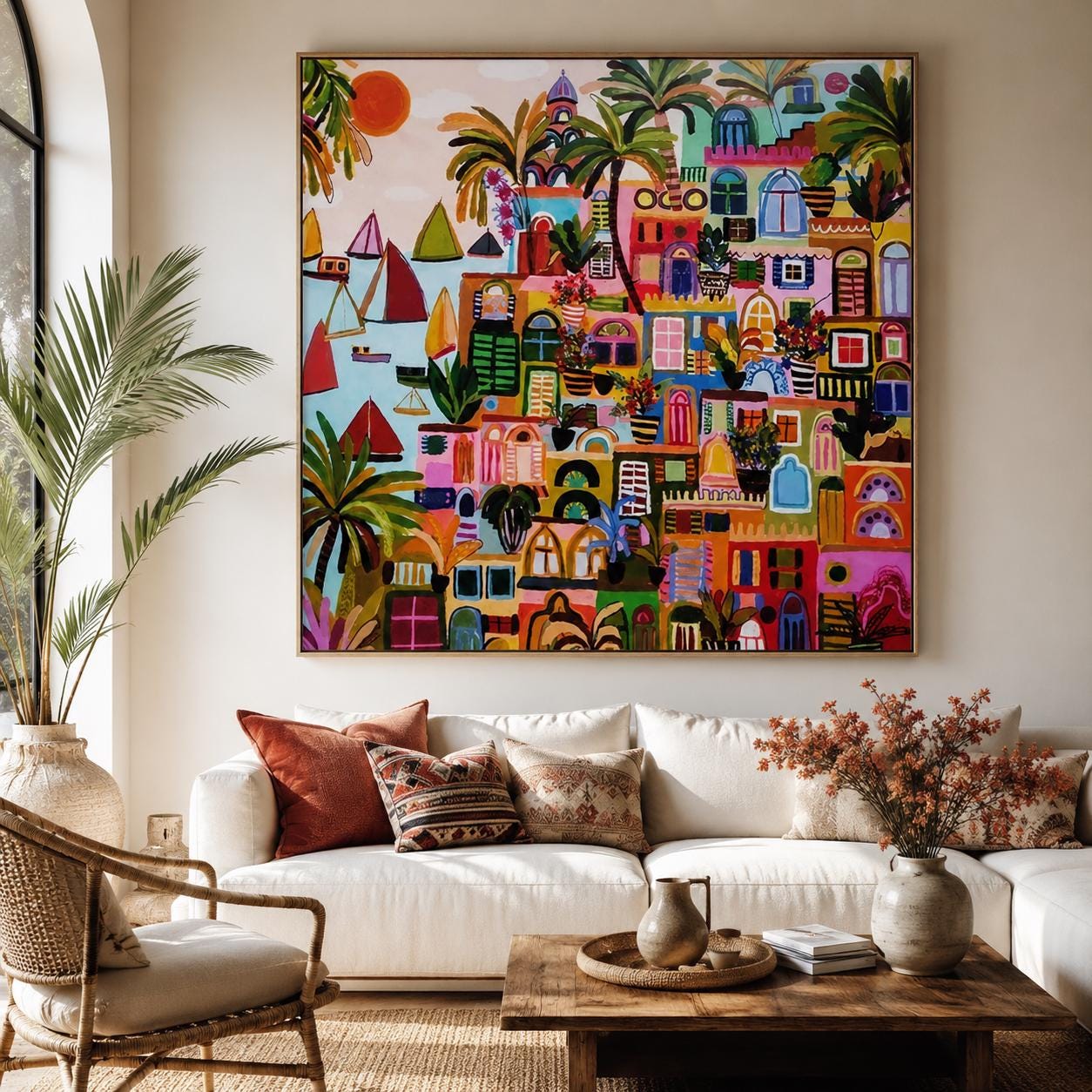 Colorful Mediterranean Town Painting, Boho Coastal Wall Art, Vibrant City Canvas Home Decor