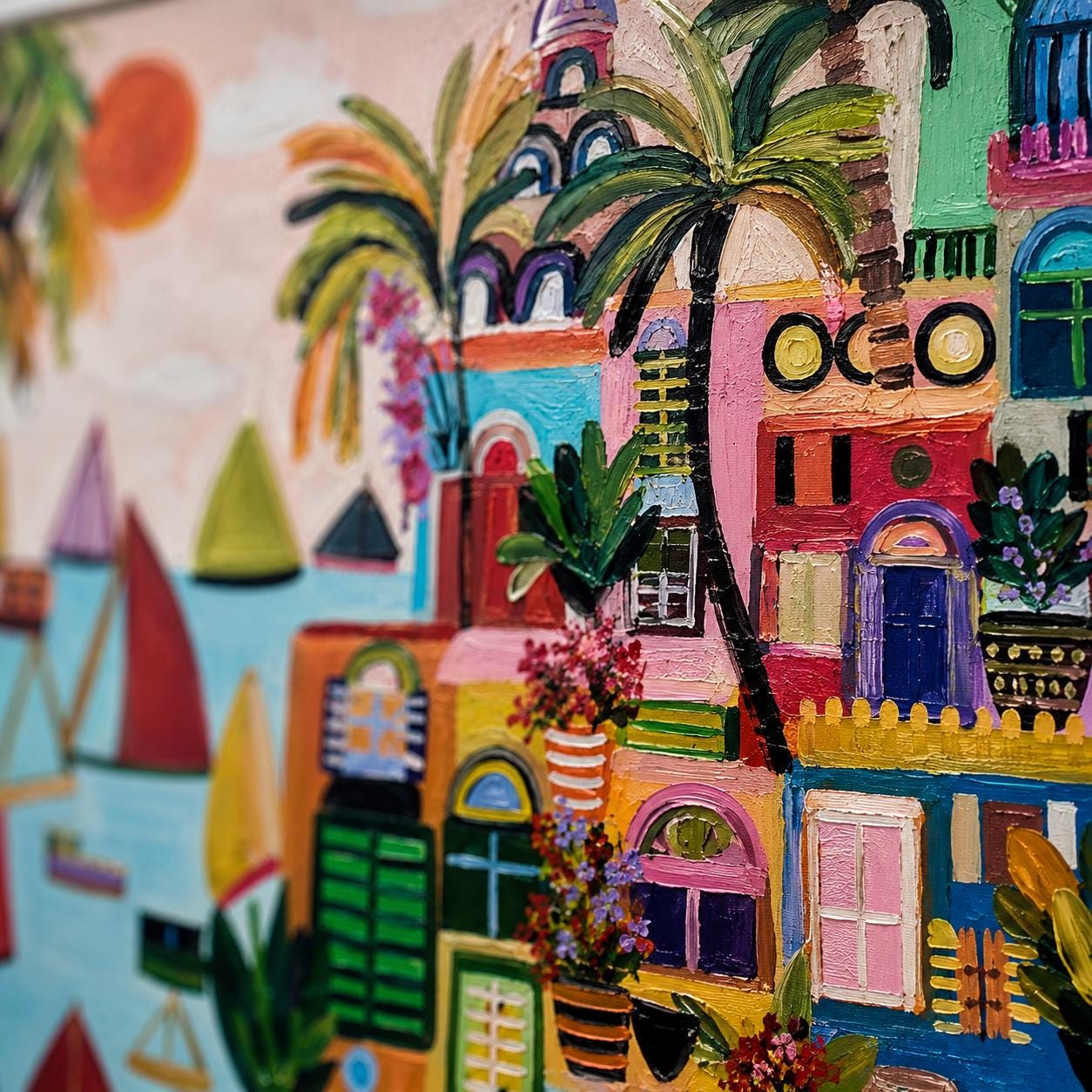 Colorful Mediterranean Town Painting, Boho Coastal Wall Art, Vibrant City Canvas Home Decor