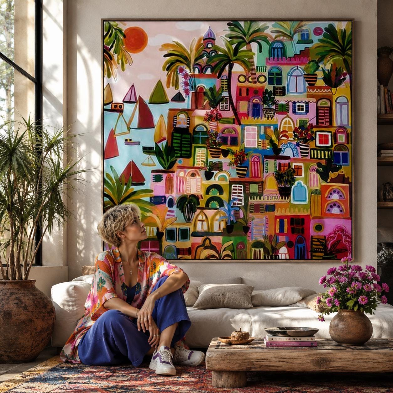 Colorful Mediterranean Town Painting, Boho Coastal Wall Art, Vibrant City Canvas Home Decor