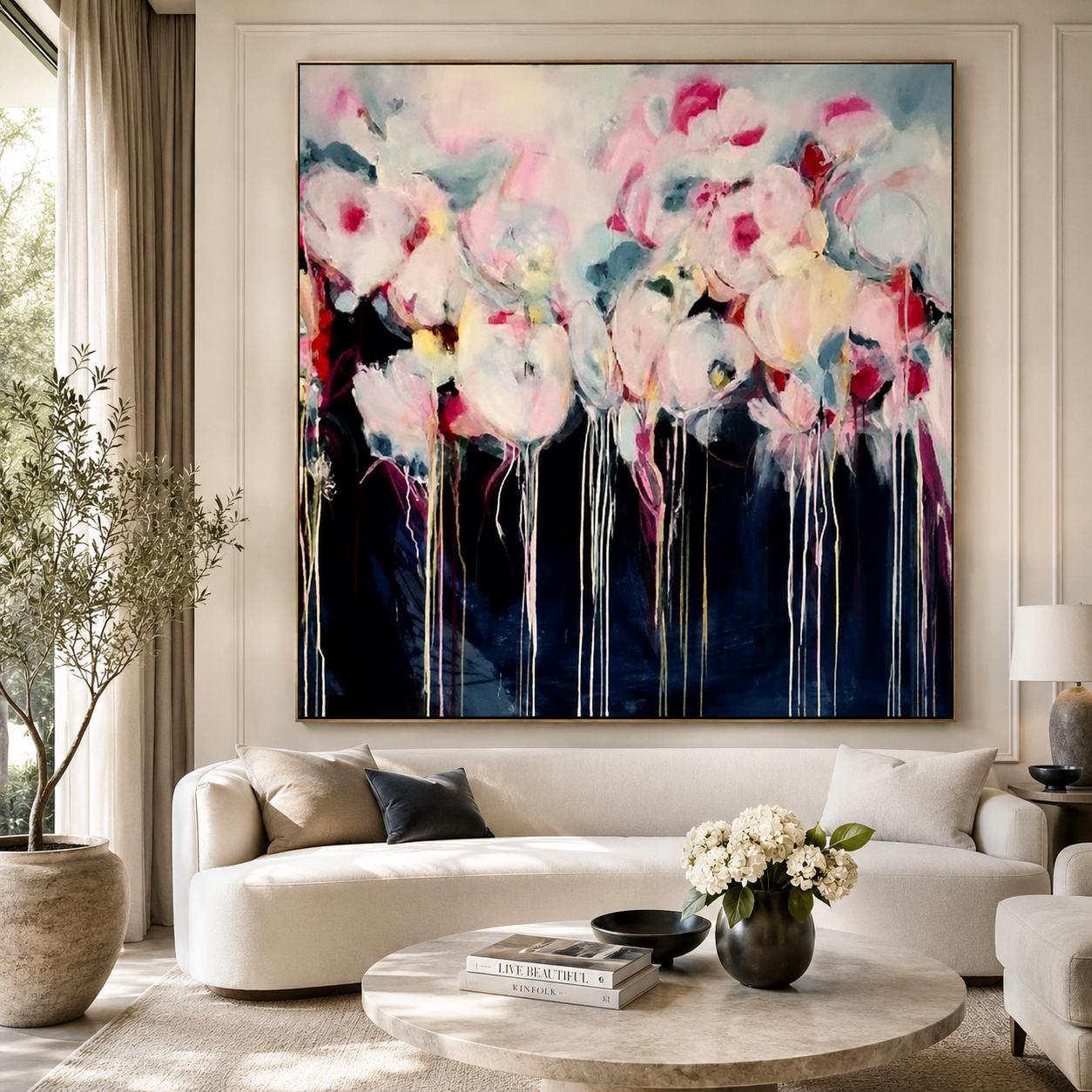 Pink Floral Abstract Painting, Romantic Flower Wall Art, Feminine Contemporary Canvas