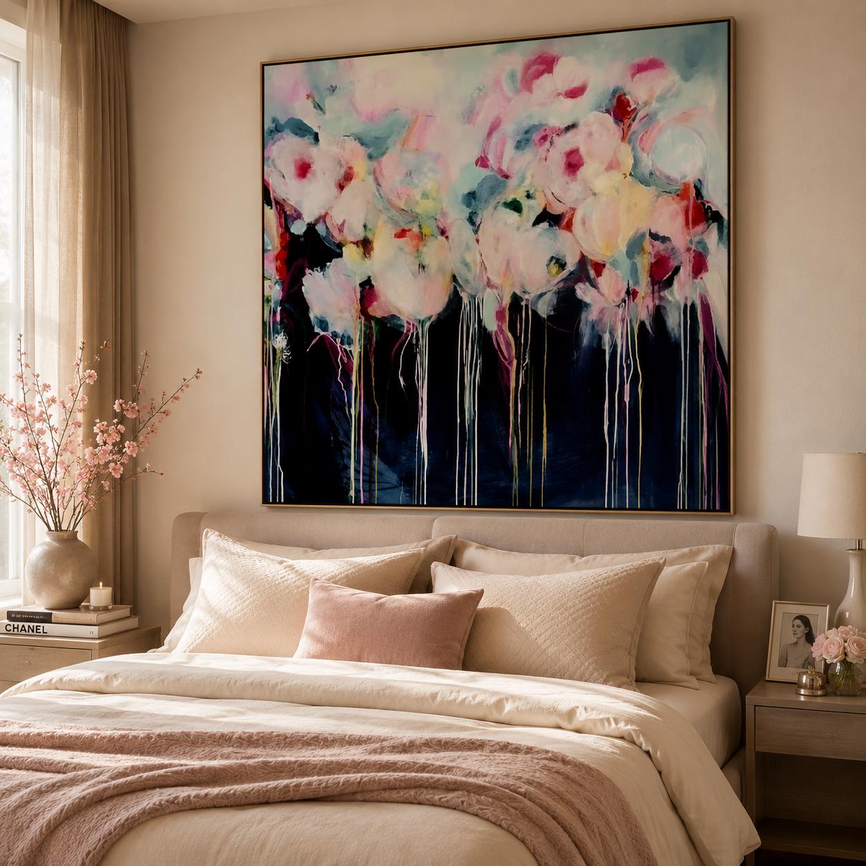 Pink Floral Abstract Painting, Romantic Flower Wall Art, Feminine Contemporary Canvas