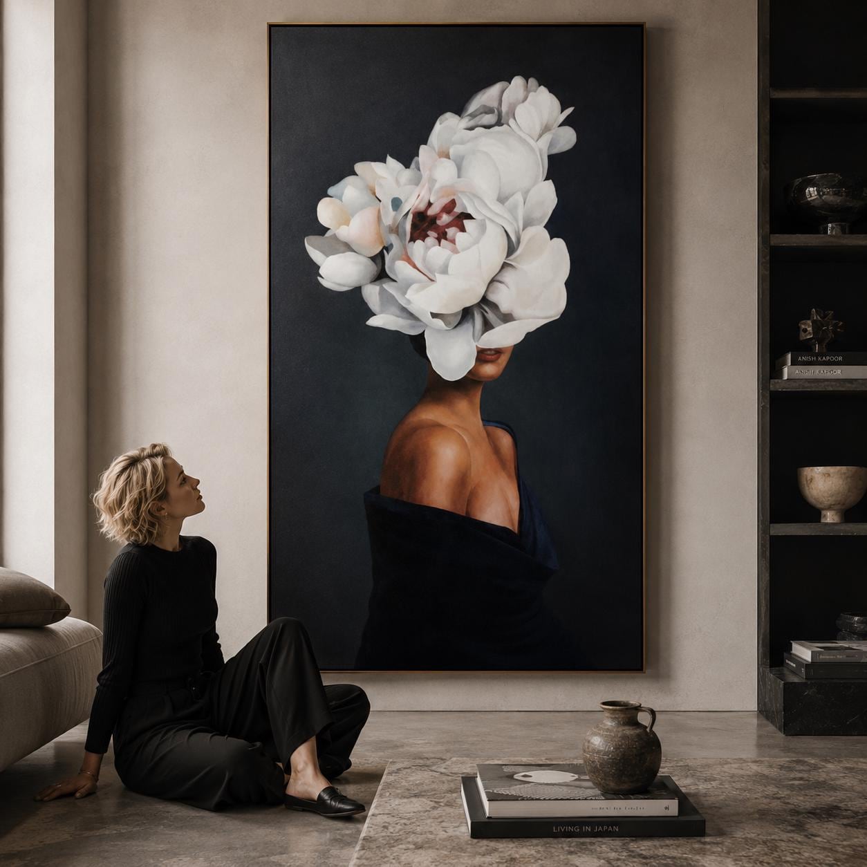 Floral Woman Portrait Canvas Painting, Abstract Face Artwork, Elegant Fashion Decor