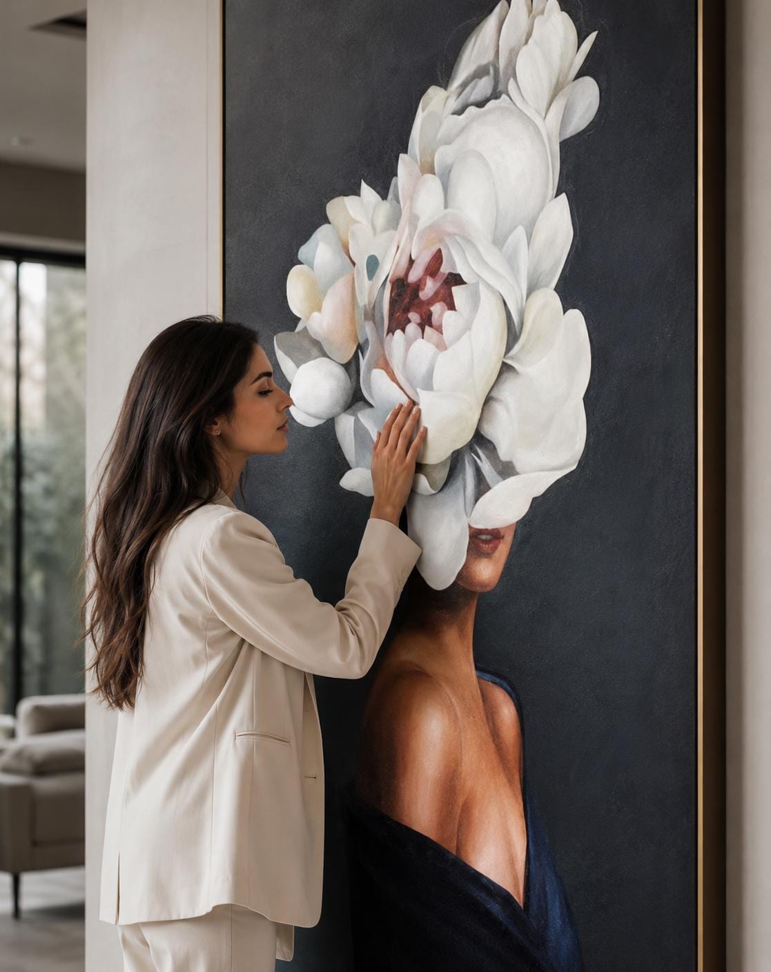 Floral Woman Portrait Canvas Painting, Abstract Face Artwork, Elegant Fashion Decor