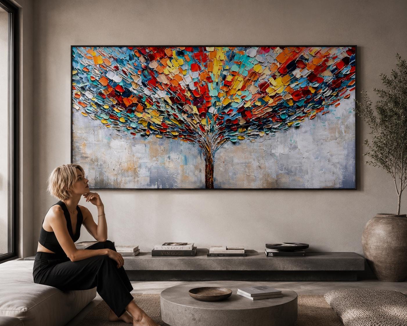 Colorful Abstract Tree Painting, Textured Palette Knife Wall Art, Modern Living Room Decor