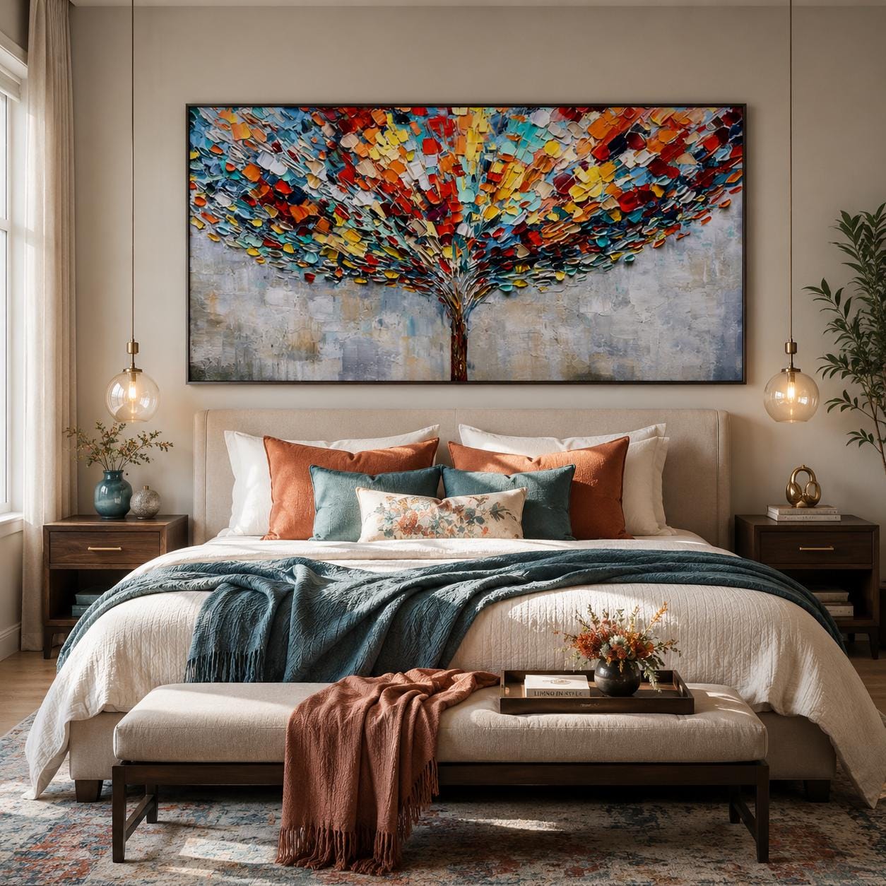 Colorful Abstract Tree Painting, Textured Palette Knife Wall Art, Modern Living Room Decor