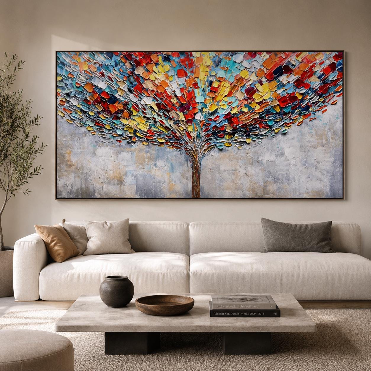 Colorful Abstract Tree Painting, Textured Palette Knife Wall Art, Modern Living Room Decor