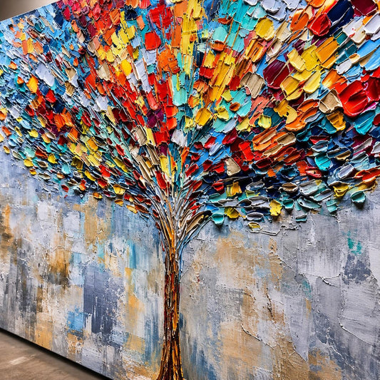 Colorful Abstract Tree Painting, Textured Palette Knife Wall Art, Modern Living Room Decor