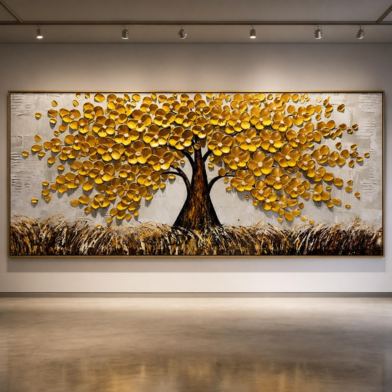 Textured Golden Tree of Life Painting, Rustic Nature Canvas Artwork
