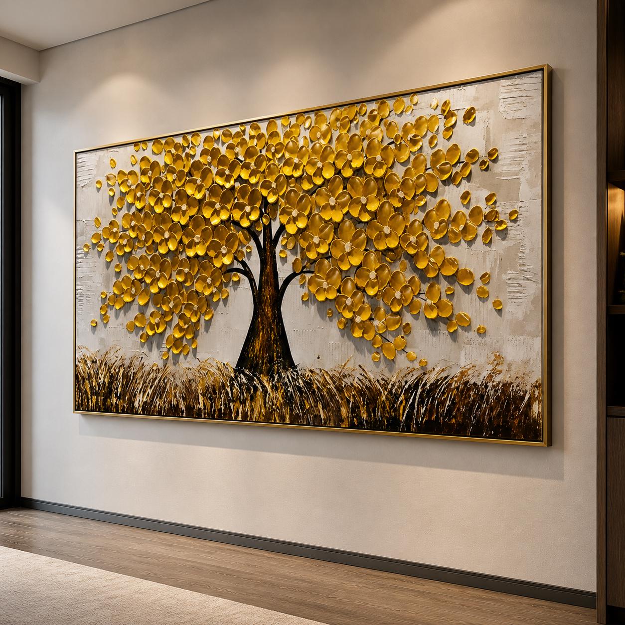 Textured Golden Tree of Life Painting, Rustic Nature Canvas Artwork