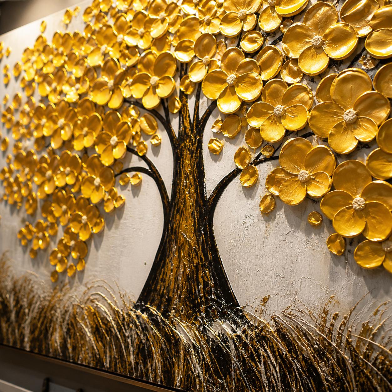 Textured Golden Tree of Life Painting, Rustic Nature Canvas Artwork
