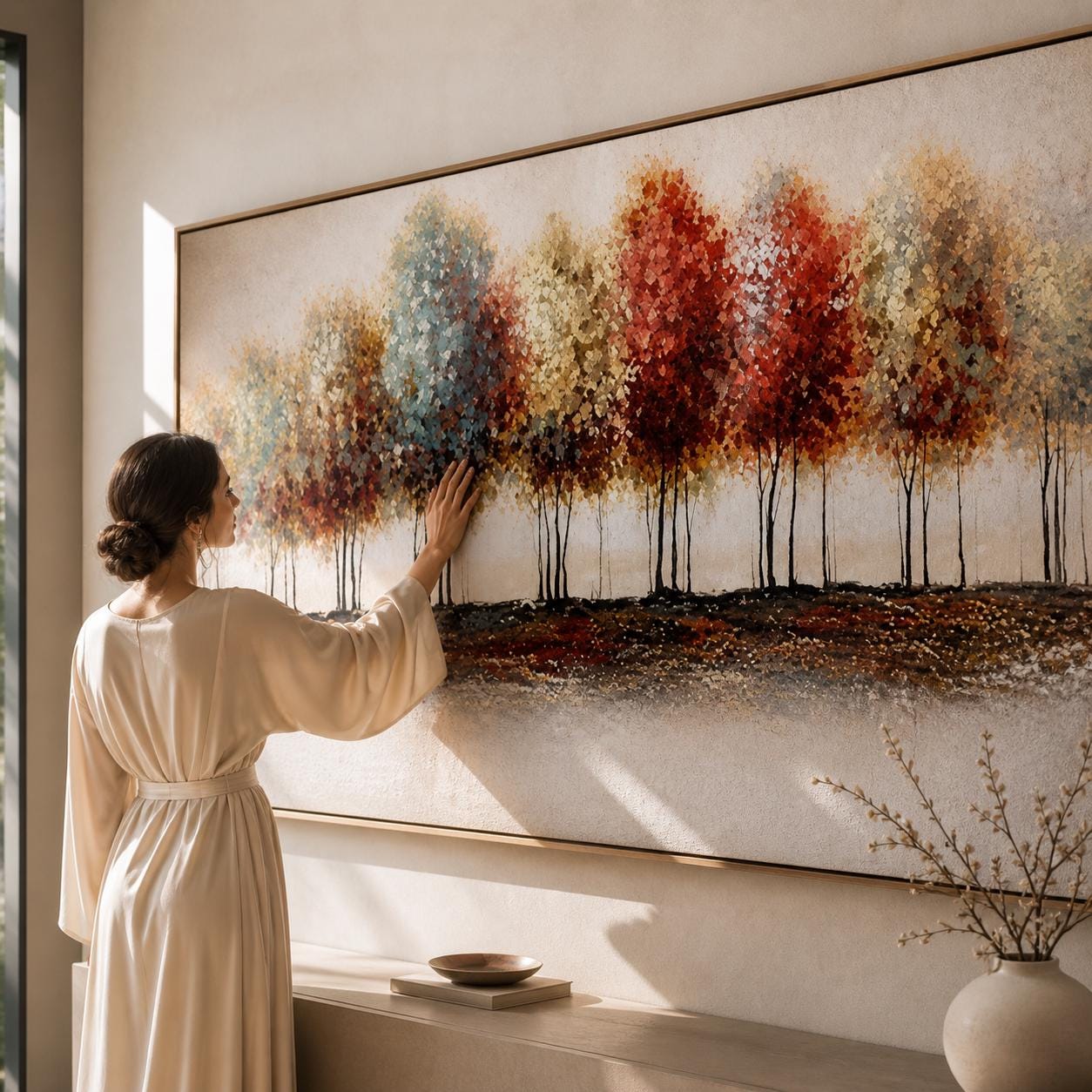 Minimalist Tree Landscape Painting, Panoramic Forest Wall Art, Neutral Modern Canvas, Above Bed Decor