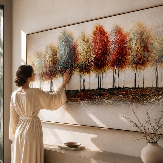 Minimalist Tree Landscape Painting, Panoramic Forest Wall Art, Neutral Modern Canvas, Above Bed Decor