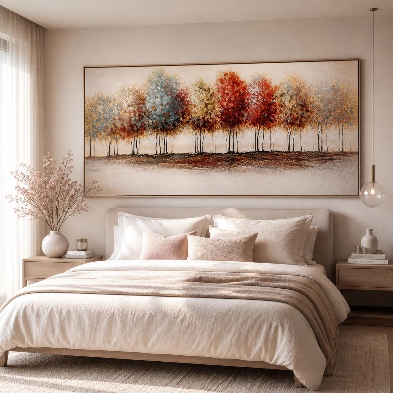 Minimalist Tree Landscape Painting, Panoramic Forest Wall Art, Neutral Modern Canvas, Above Bed Decor