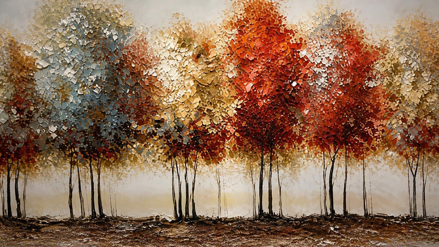 Minimalist Tree Landscape Painting, Panoramic Forest Wall Art, Neutral Modern Canvas, Above Bed Decor