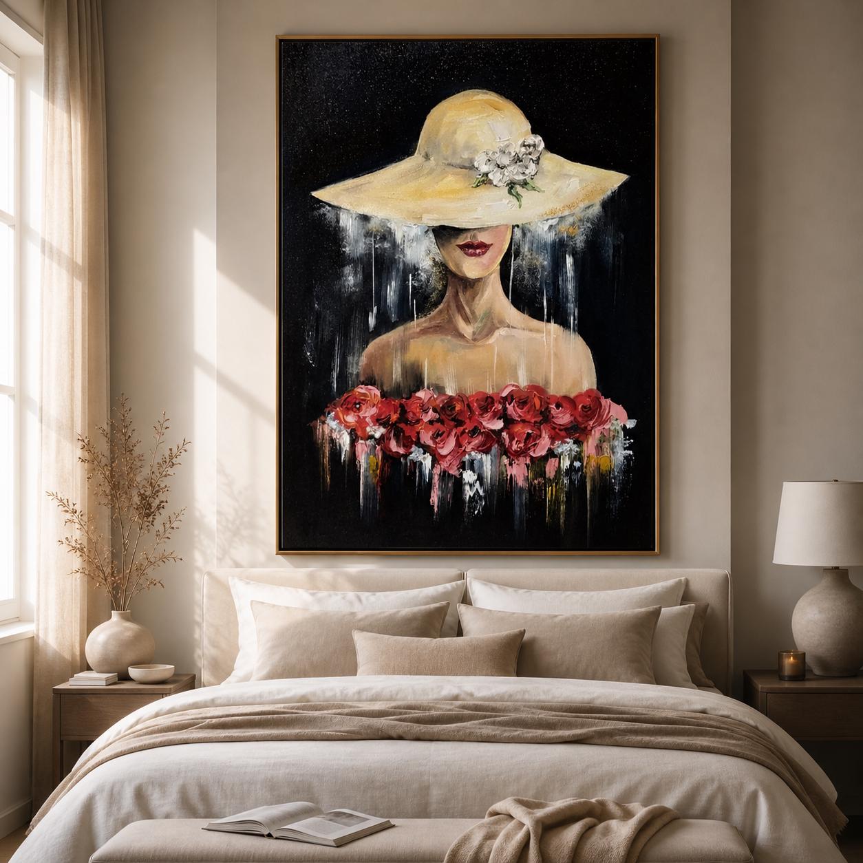 Elegant Woman Portrait Painting, Fashion Hat Floral Art, Textured Canvas Statement Piece