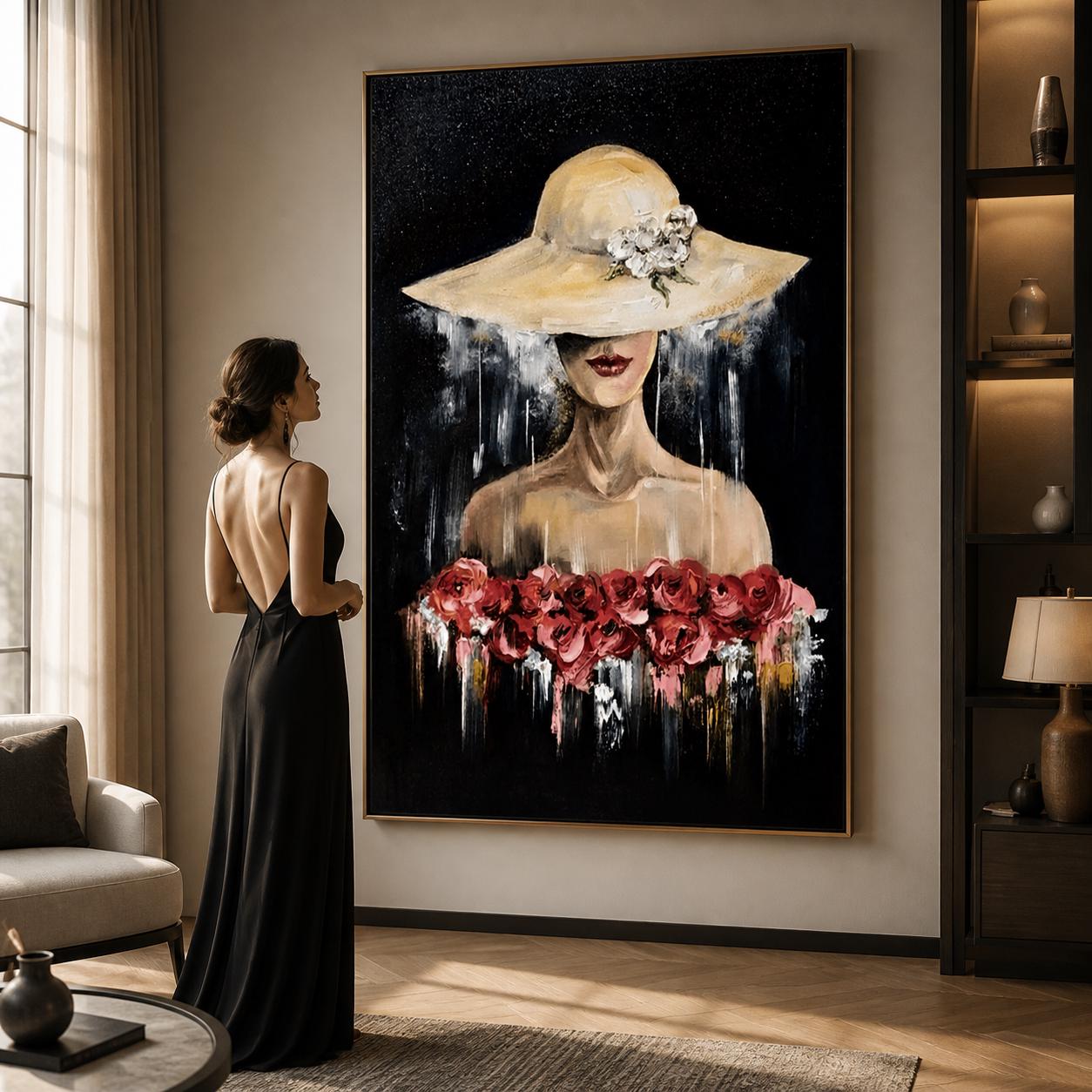 Elegant Woman Portrait Painting, Fashion Hat Floral Art, Textured Canvas Statement Piece
