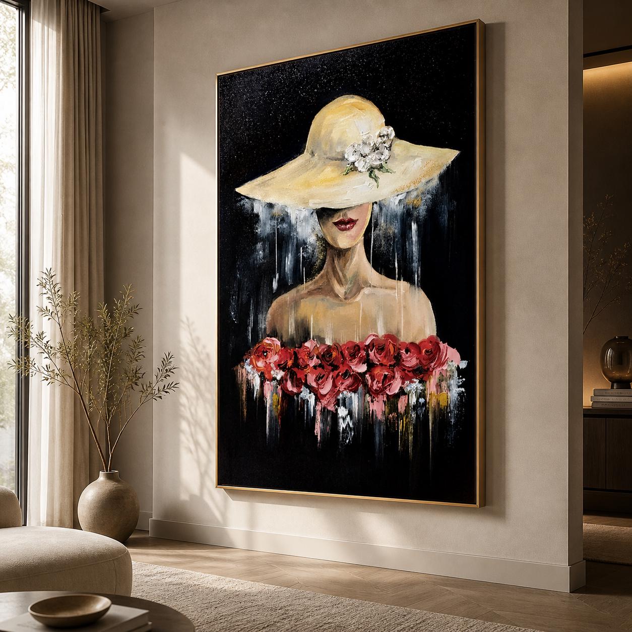 Elegant Woman Portrait Painting, Fashion Hat Floral Art, Textured Canvas Statement Piece