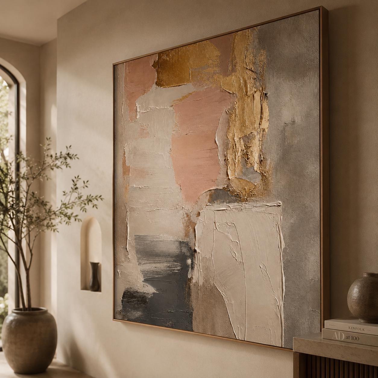 Neutral Textured Abstract Wall Art, Modern Beige & Gold Canvas Painting, Contemporary Minimalist Decor