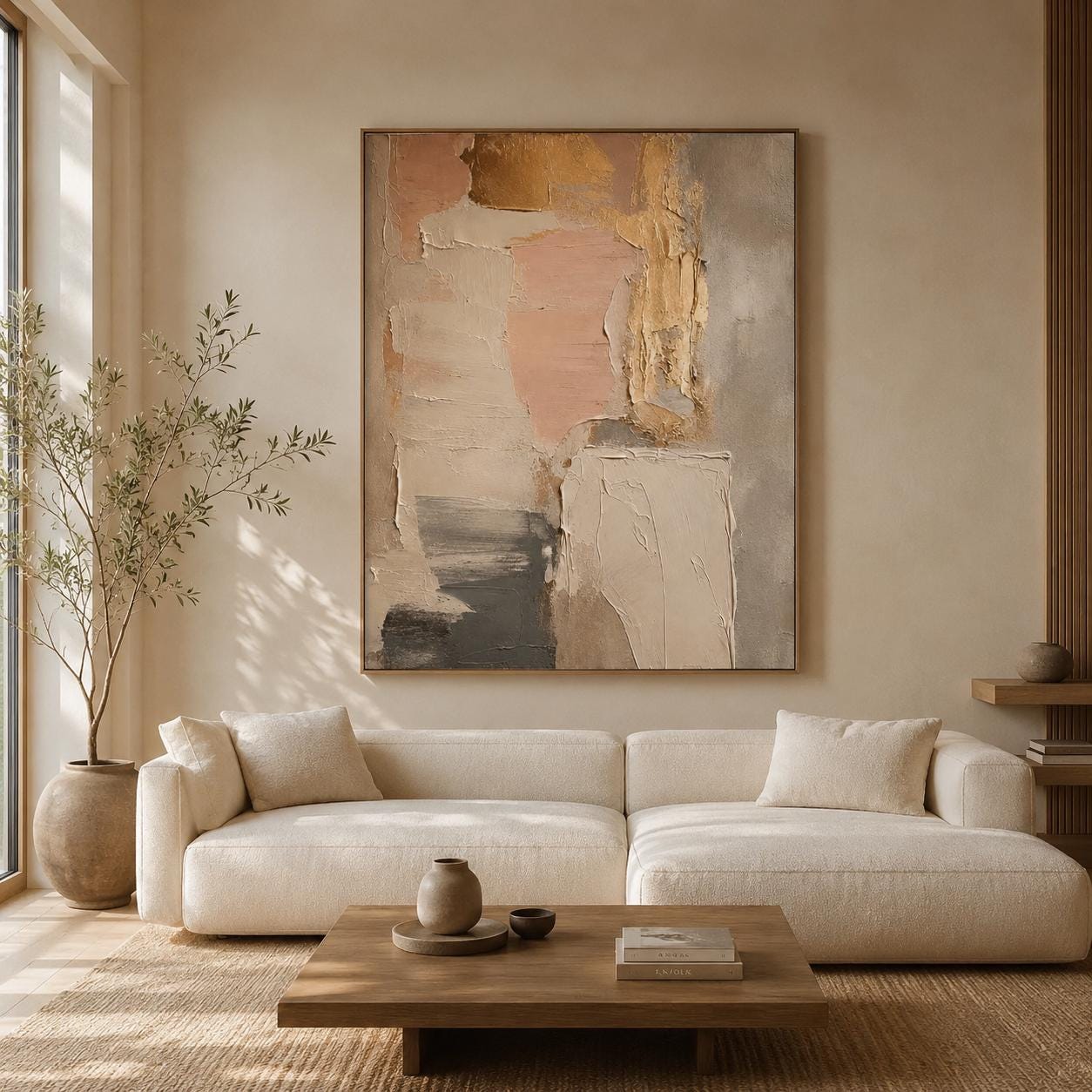 Neutral Textured Abstract Wall Art, Modern Beige & Gold Canvas Painting, Contemporary Minimalist Decor