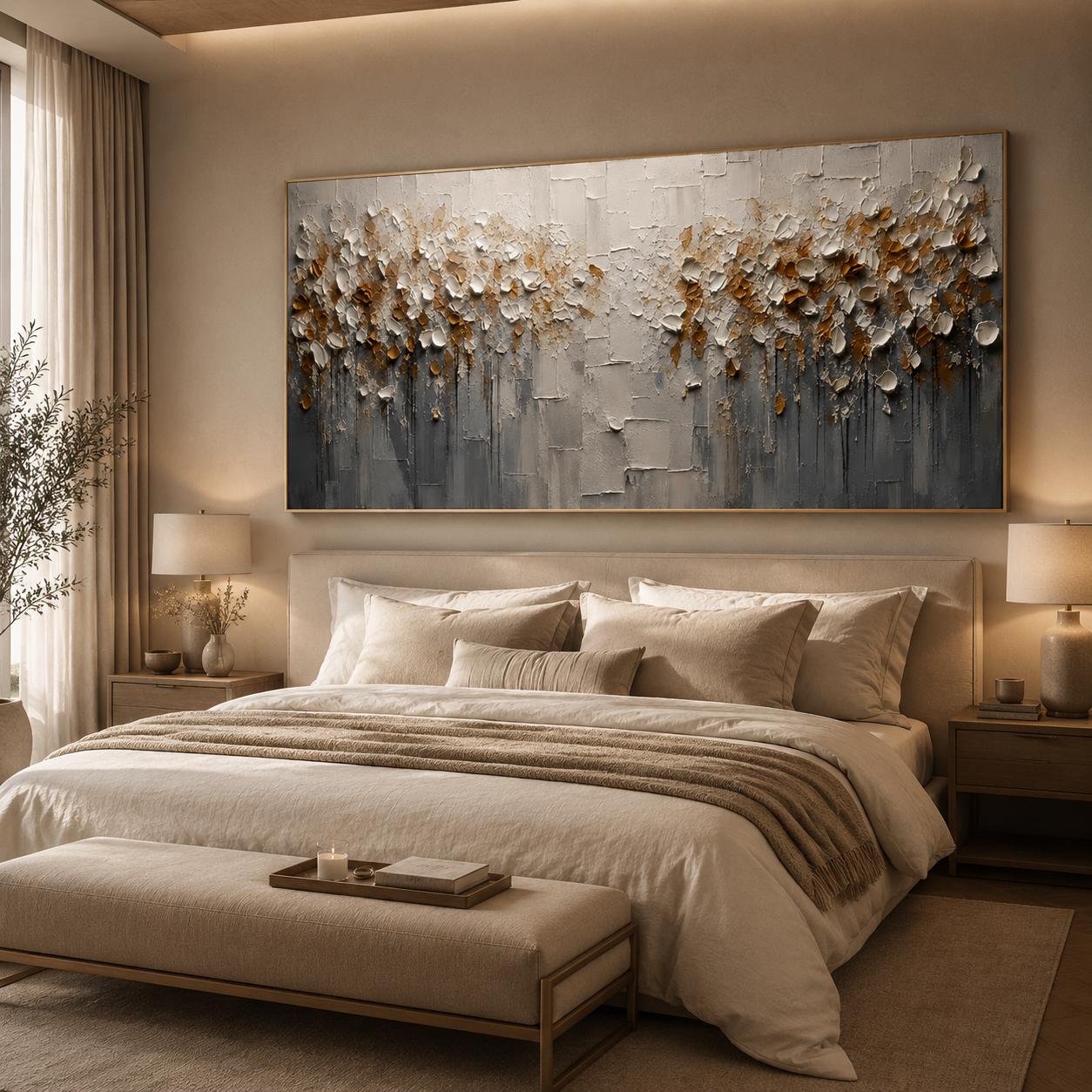 Textured Floral Abstract Wall Art, Modern Gold & White Canvas Painting, Contemporary Horizontal Minimalist Decor
