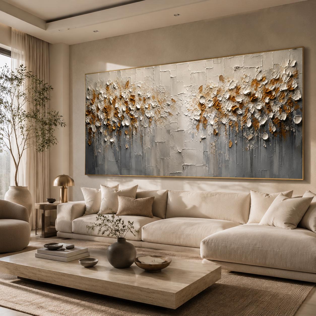 Textured Floral Abstract Wall Art, Modern Gold & White Canvas Painting, Contemporary Horizontal Minimalist Decor
