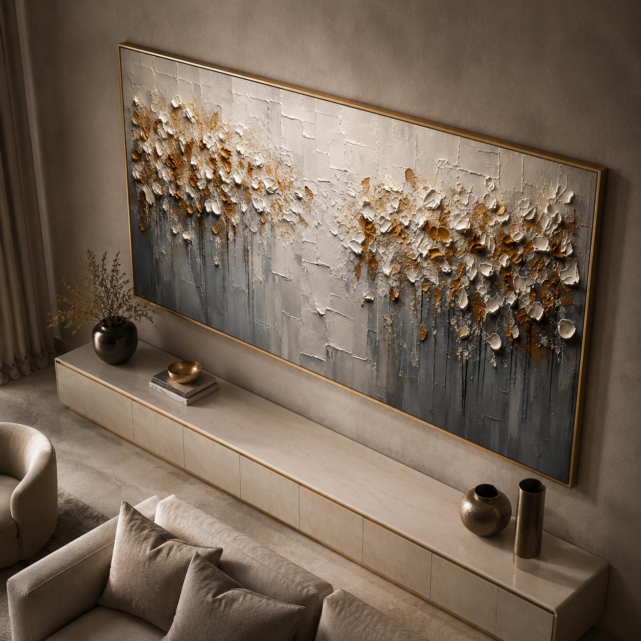 Textured Floral Abstract Wall Art, Modern Gold & White Canvas Painting, Contemporary Horizontal Minimalist Decor
