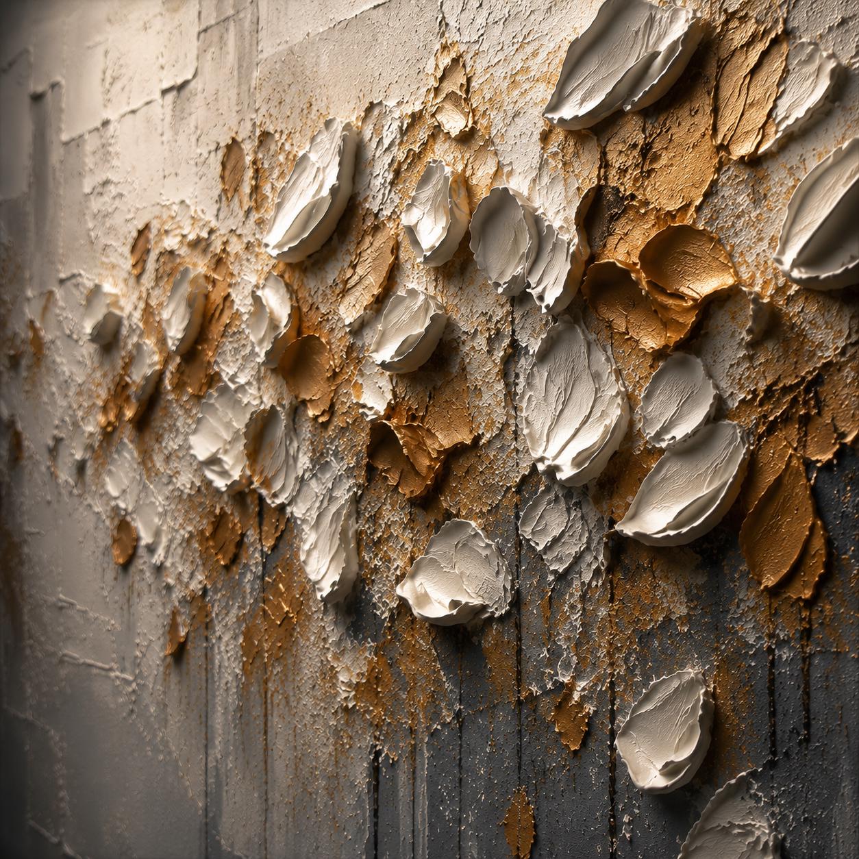 Textured Floral Abstract Wall Art, Modern Gold & White Canvas Painting, Contemporary Horizontal Minimalist Decor