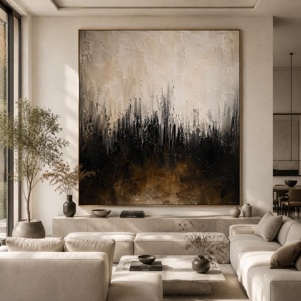 Neutral Textured Abstract Wall Art, Modern Black & Beige Canvas Painting, Vertical Contemporary Minimalist Decor