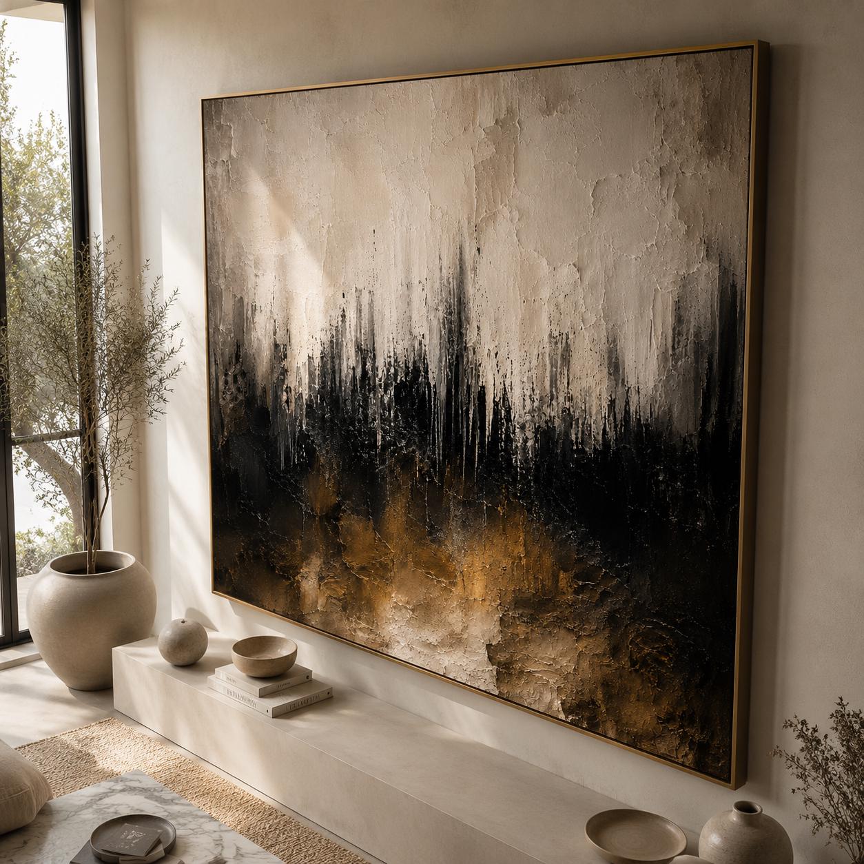 Neutral Textured Abstract Wall Art, Modern Black & Beige Canvas Painting, Vertical Contemporary Minimalist Decor