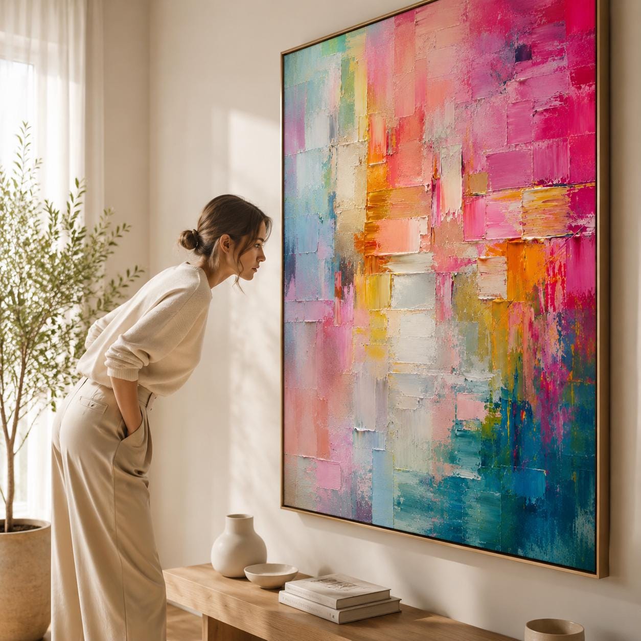 Colorful Abstract Wall Art, Modern Palette Knife Canvas Painting, Vertical Contemporary Artwork
